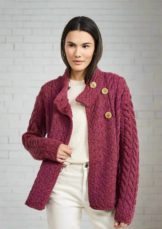 Aran 3 Buttons Trellis Cardigan | Raspberry