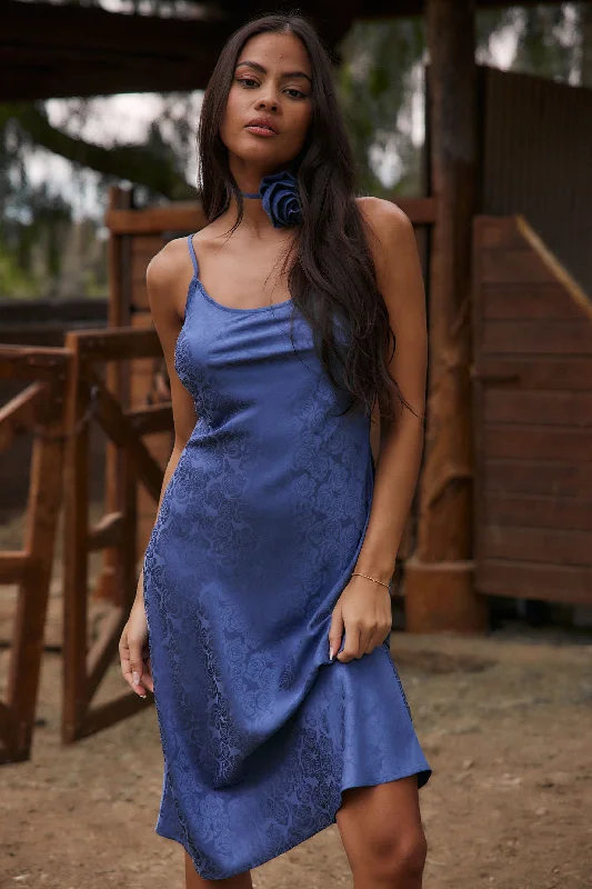 Aubrey Blue Satin Jacquard Midi Dress