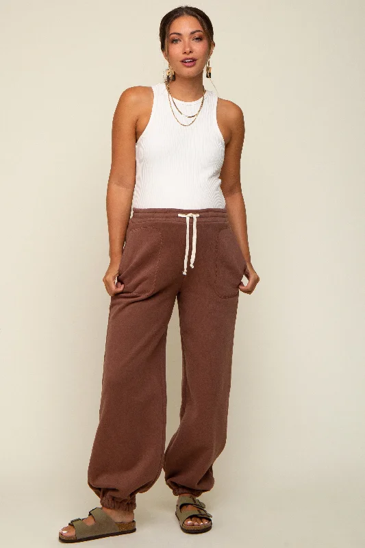 Brown Drawstring Maternity Relaxed Fit Sweatpants