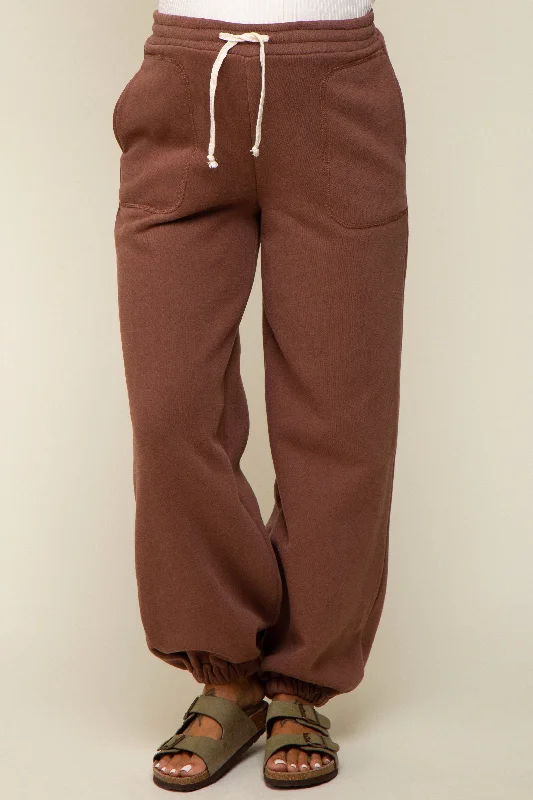 Brown Drawstring Maternity Relaxed Fit Sweatpants