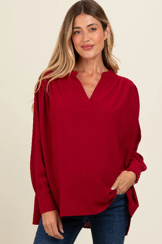 Burgundy V-Neck Maternity Oversized Blouse