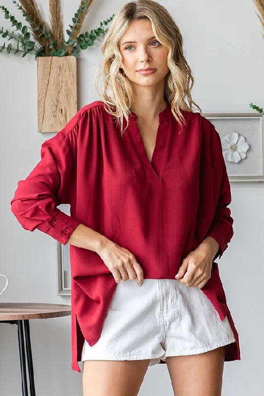 Burgundy V-Neck Maternity Oversized Blouse