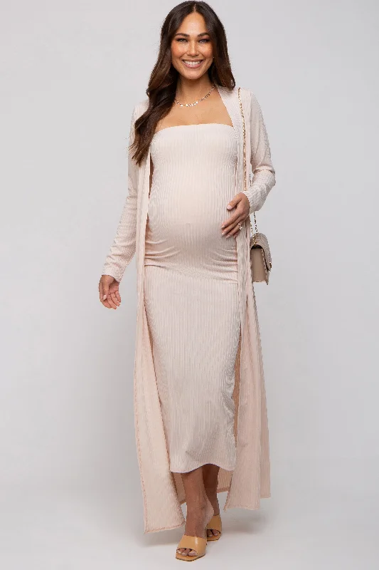 Cream Ribbed Sleeveless Dress Cardigan Maternity Set