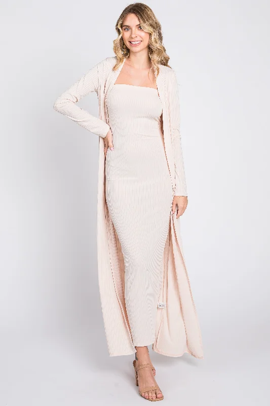 Cream Ribbed Sleeveless Dress Cardigan Maternity Set