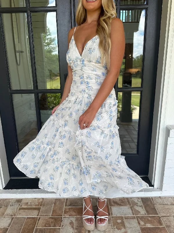 Dallas Floral Dress-Ivory/Blue