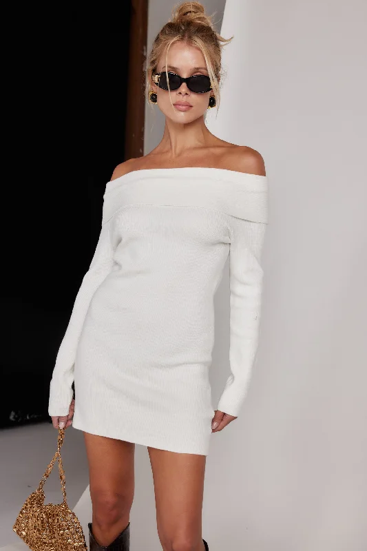 Daybreak Off-The-Shoulder Knit White Dress