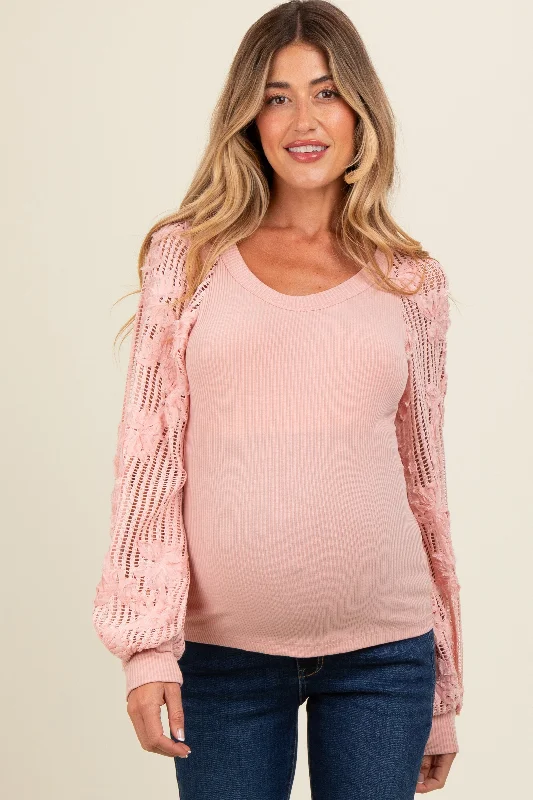 Light Pink Floral Lace Balloon Sleeve Maternity Top