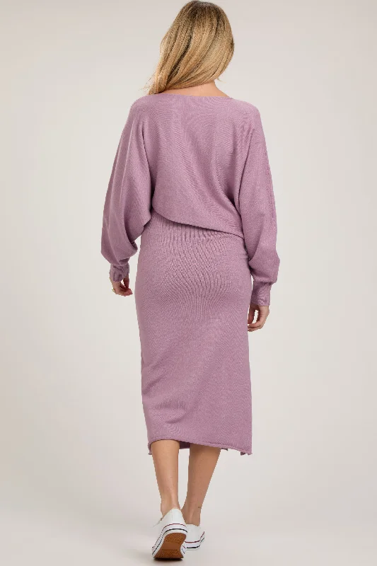 Mauve Knit Long Sleeve Crop Top Maternity Midi Skirt Set