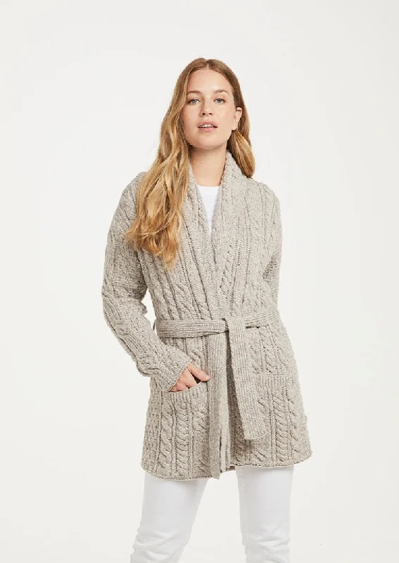 Shawl Neck Aran Belted Cardigan | Oatmeal