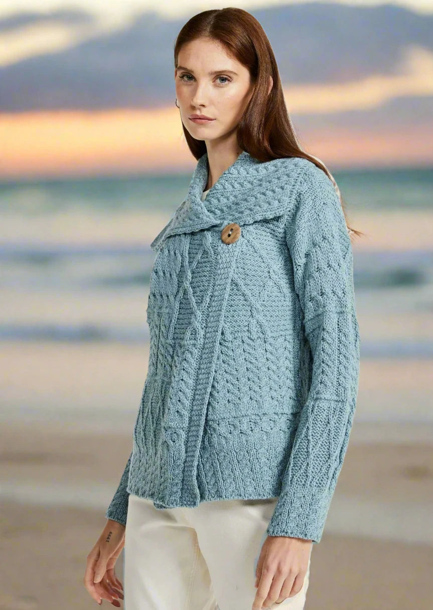 Patchwork Ladies Aran Cardigan | Mist Marl