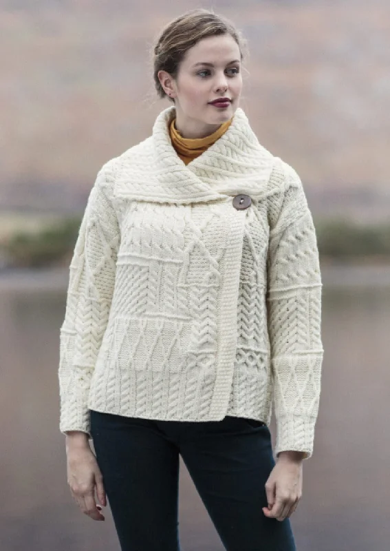 Patchwork Ladies Aran Cardigan | Natural