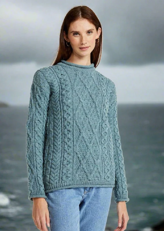 Roll Neck Aran Crew Sweater | Summer Storm