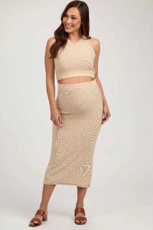 Taupe Sleeveless Crop Maternity Skirt Set