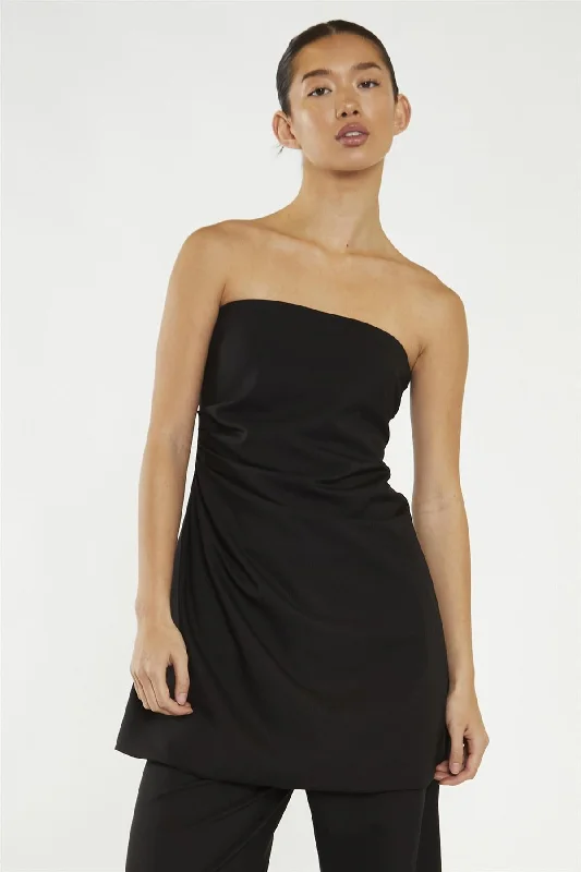 Black Gathered Waist Longline-Top