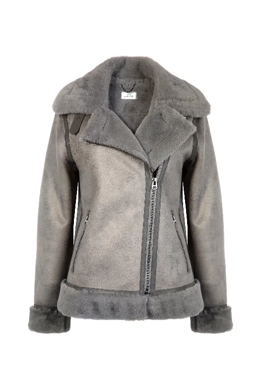 Kate Recycled Vegan Shearling Biker Jacket | Grey