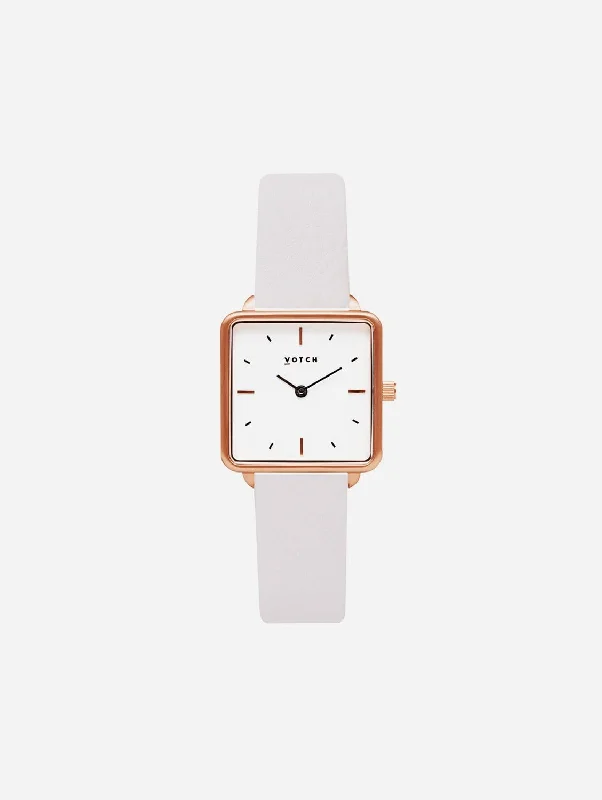 Kindred Watch with Rose Gold & White Dial | Light Grey Vegan Leather Strap