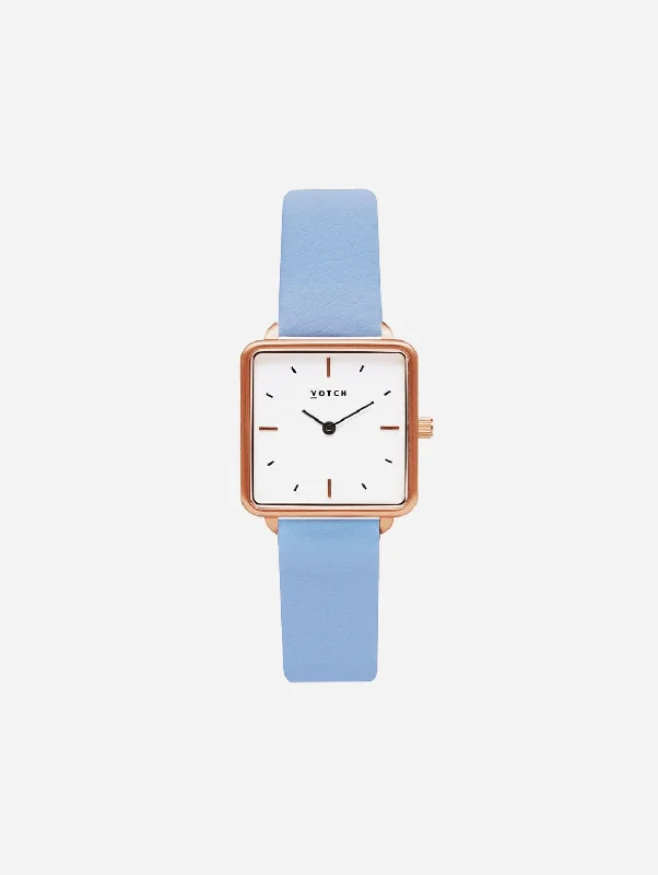 Kindred Watch with Rose Gold & White Dial | Sky Blue Vegan Leather Strap