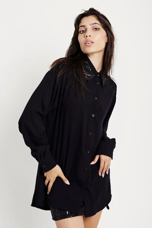 The Embellished Collar Woven Top in Black