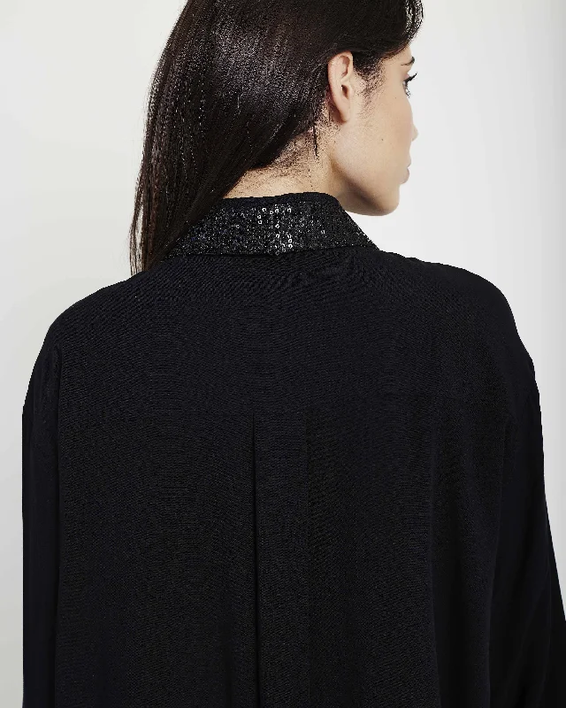 The Embellished Collar Woven Top in Black