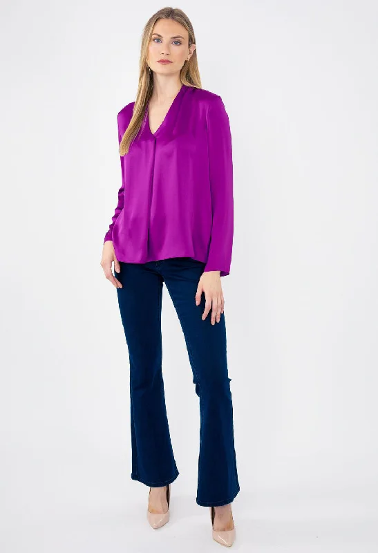 V-Neck Long Sleeve Satin Blouse