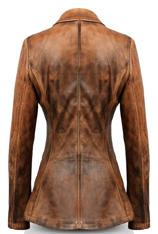 Women Designer Brown Waxed Leather Blazer