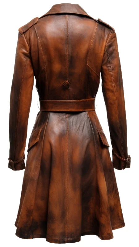 Women Distressed Brown Vintage Leather Long Coat