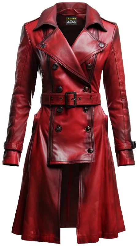 Women Distressed Red Leather Long Coat - Distressed Leather Coat