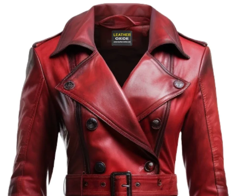 Women Distressed Red Leather Long Coat - Distressed Leather Coat