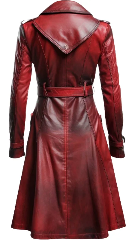 Women Distressed Red Leather Long Coat - Distressed Leather Coat