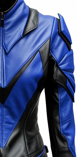 Women Leather Jacket - Blue and Black Faux Leather Jacket