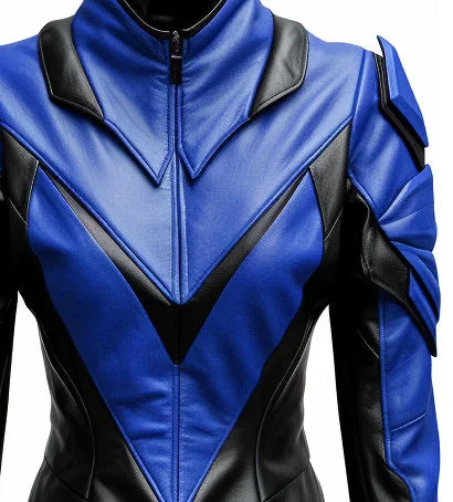 Women Leather Jacket - Blue and Black Faux Leather Jacket