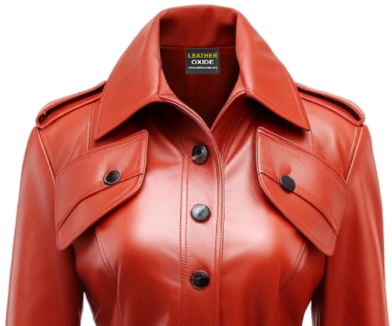 Women Red Leather Coat - Red Coat