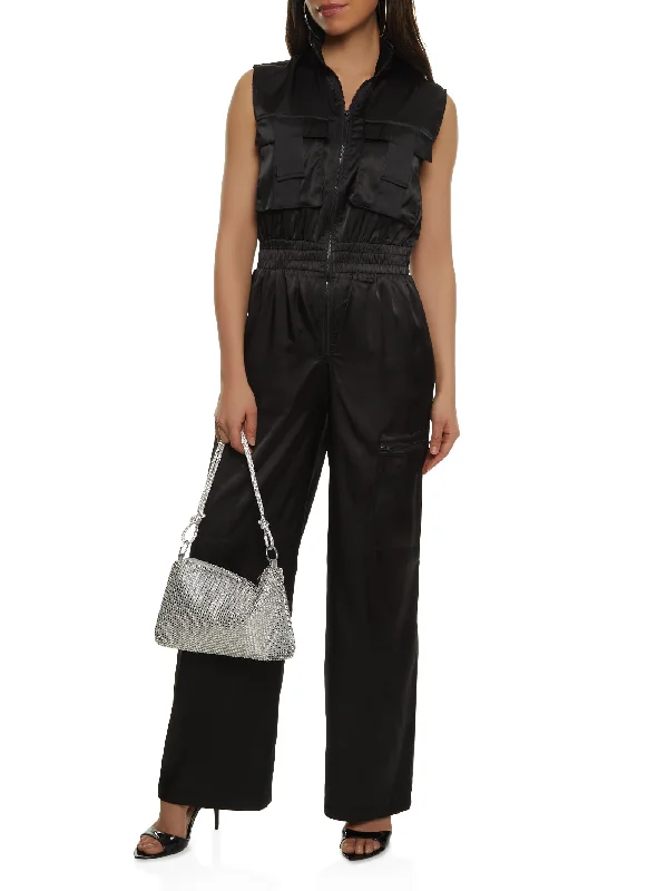 Sleeveless Elastic Waist Cargo Jumpsuit