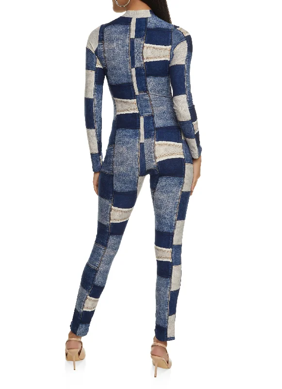 Patchwork Print Zip Neck Jumpsuit