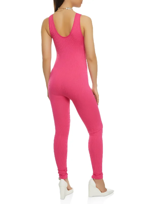 Ribbed Zip Neck Sleeveless Catsuit