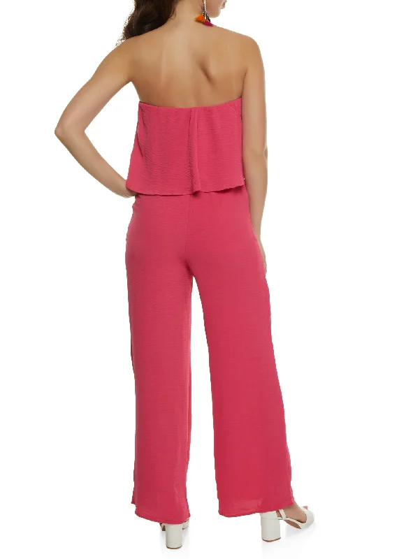 Ruffled Strapless Tie Waist Wide Leg Jumpsuit