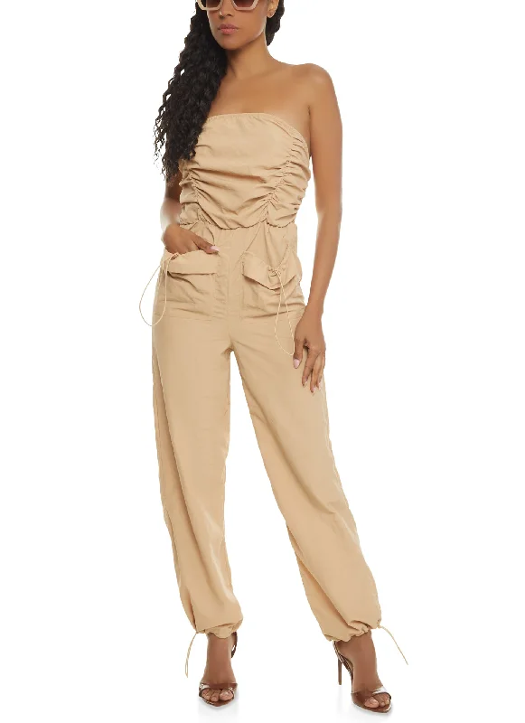 Ruched Strapless Cargo Pocket Jumpsuit