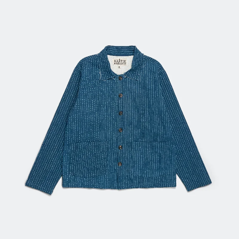 Men's Coats for SkiingCropped Jacket Kantha Embroidery - Indigo/Sky