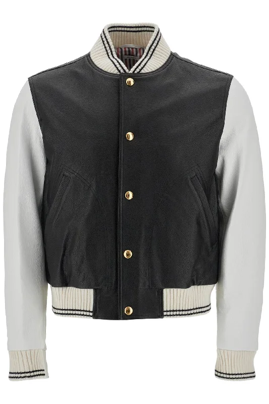 Men's Coats with Adjustable SleevesTHOM BROWNE leather varsity bomber jacket