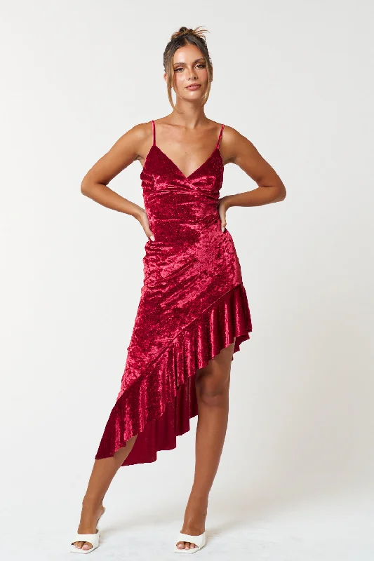 women's plus-size dressesHigh Low Spaghetti Strap Ruffled Velvet Dress