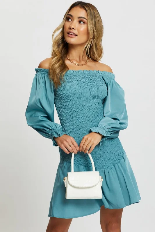 Polka-Dot DressBlue Designer Shirred Of The Shoulder Ruffle Dress