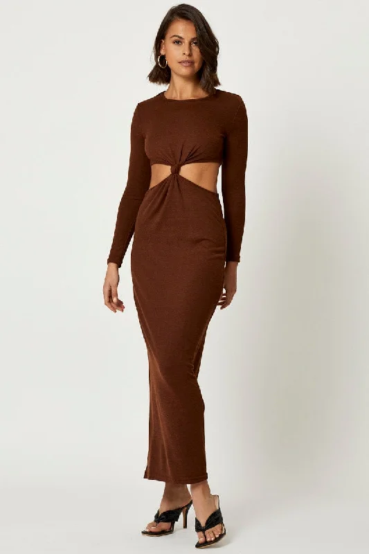women's custom dressesBrown Knot Front Cut Out Dress