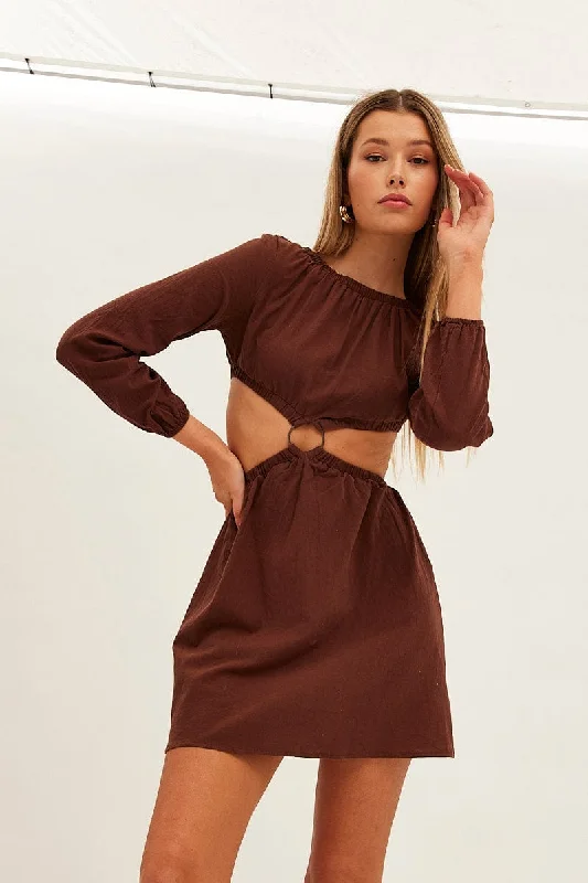 women's stylish dressesBrown Ring Detail Linen Dress