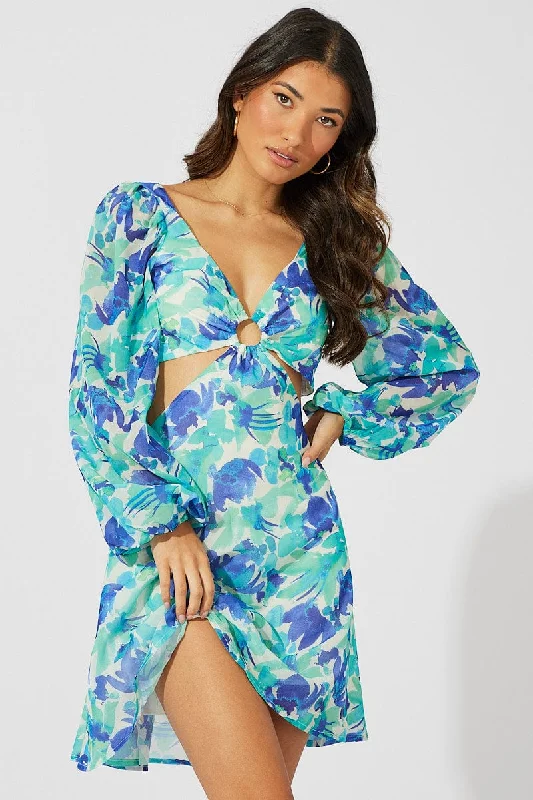 women's spaghetti strap dressesGreen Floral Dress Watercolour Print Ring Front Balloon Sleeve