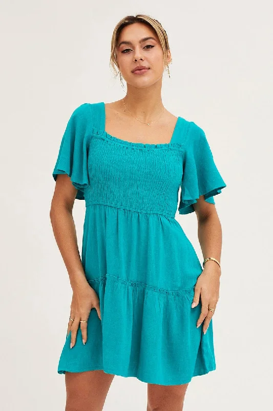 Plus-Size DressGreen Shirred Bust Skater Dress