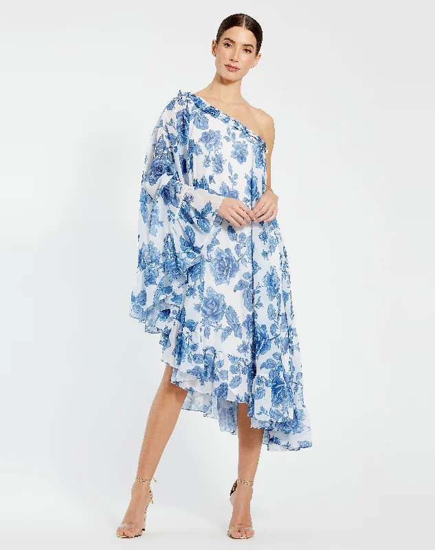 women's formal dressesMac Duggal 55073 High Low Floral Cape Sleeve Cocktail Dress