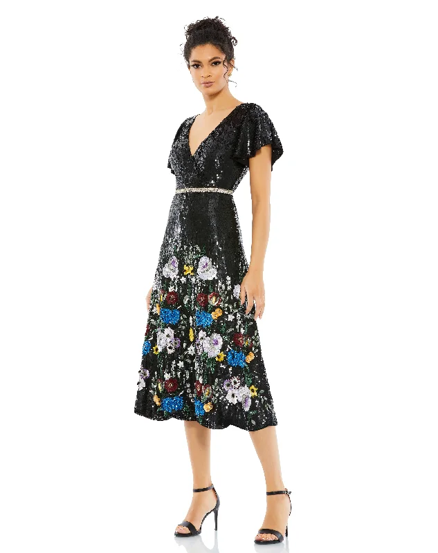 women's mini dressesMac Duggal 93594 A Line Floral Sequin Cocktail Dress