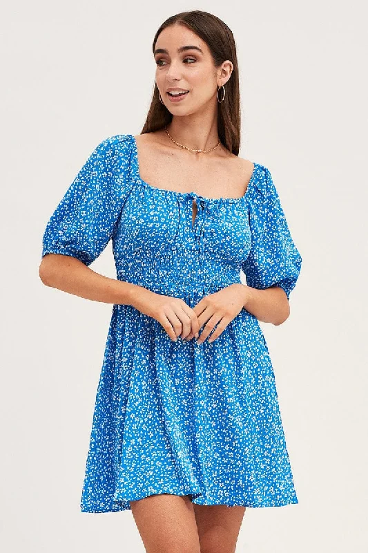 Plus-Size DressPrint Puff Sleeve Skater Dress