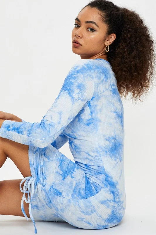 women's A-line dressesPrint Tie Dye Ruched Drawstring Dress