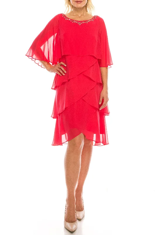Metallic DressSL Fashions 170111 Short Chiffon Beaded Tiered Cape Dress